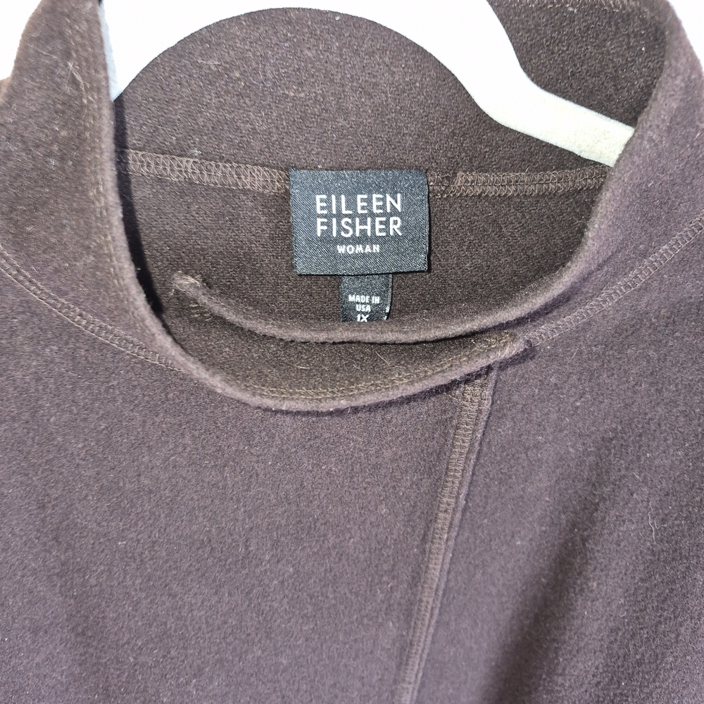 Eileen Fisher Dark Brown Mock Neck knee-length, relaxed fit wool coat, 1X - Picture 3 of 14